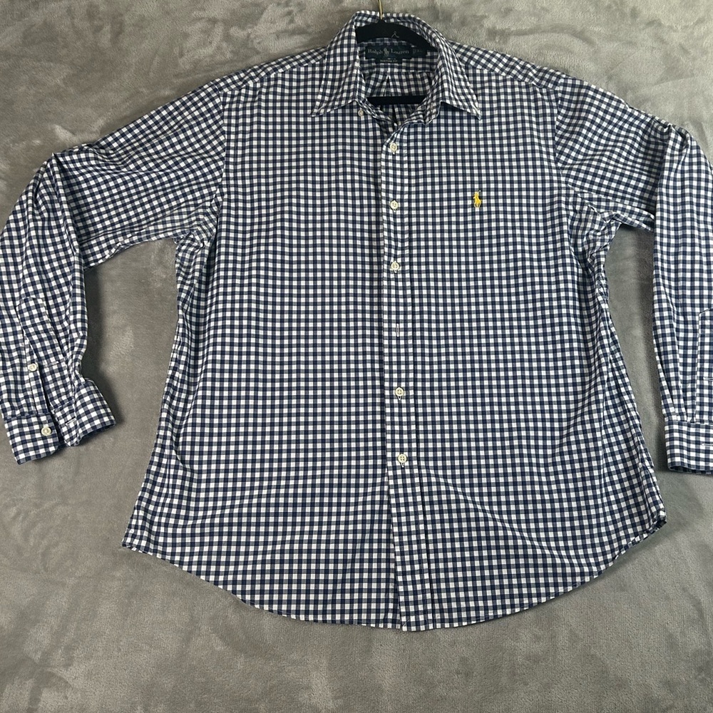 Vintage Ralph Lauren gingham blue white custom fit button down shirt
